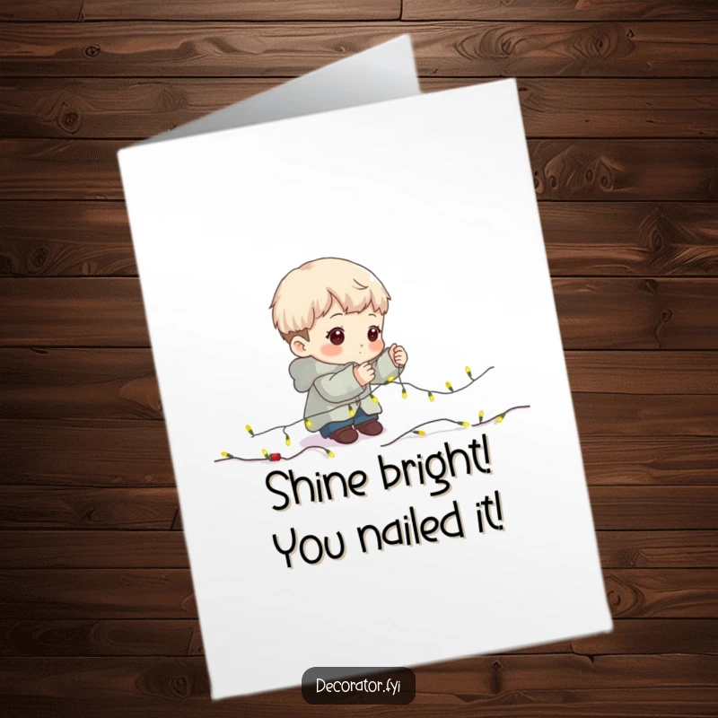 Funny Free Printable Congratulations Card: A determined character carefully attaching small fairy lights to a garland, signifying meticulous celebration.