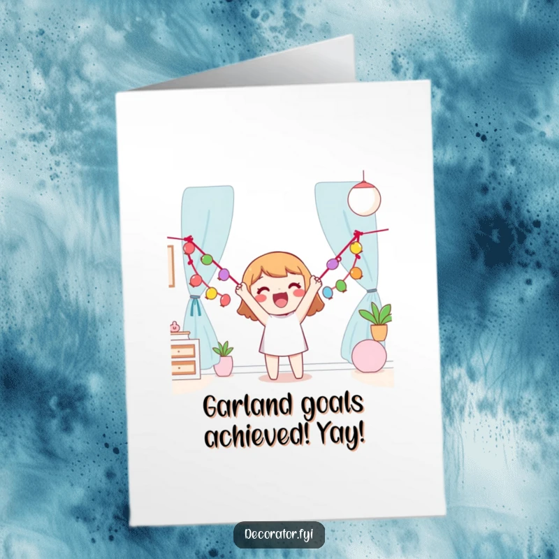 Funny Free Printable Congratulations Card featuring a happy character enthusiastically decorating with a colorful garland, celebrating a success.