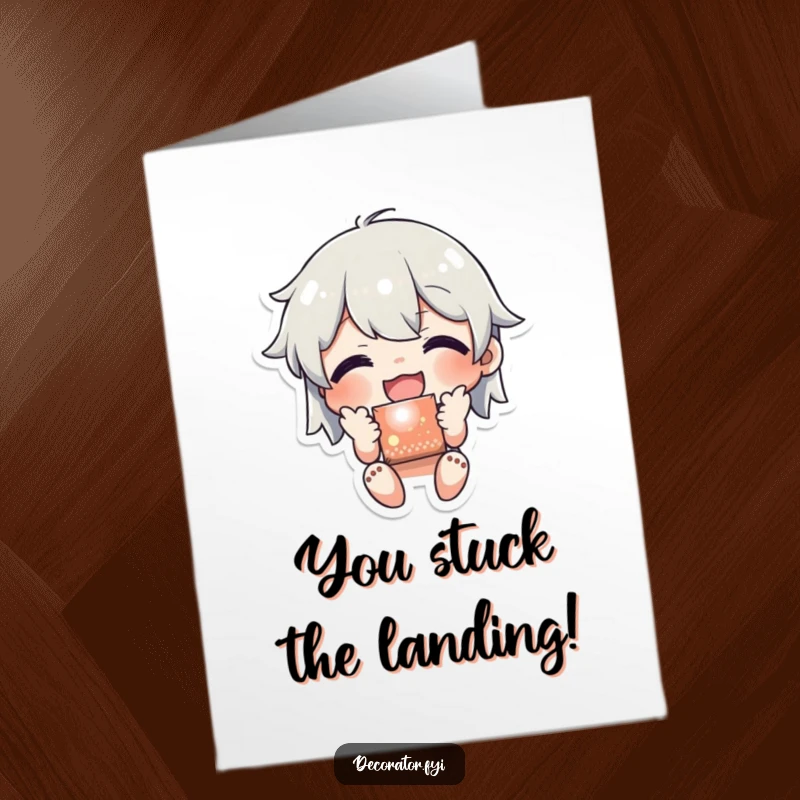 Funny Free Printable Congrats Card: Character joyfully applies a shiny sticker, marking a successfully completed task with glee.