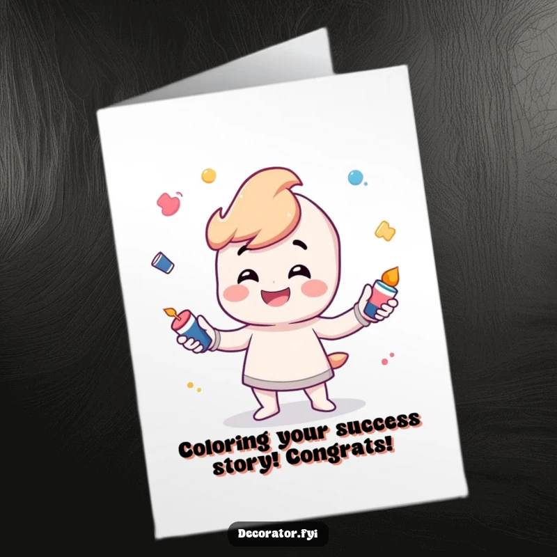 Funny Free Printable Congratulations Card: Playful character grinning mid-juggle with tiny paint pots, celebrating a colorful achievement.