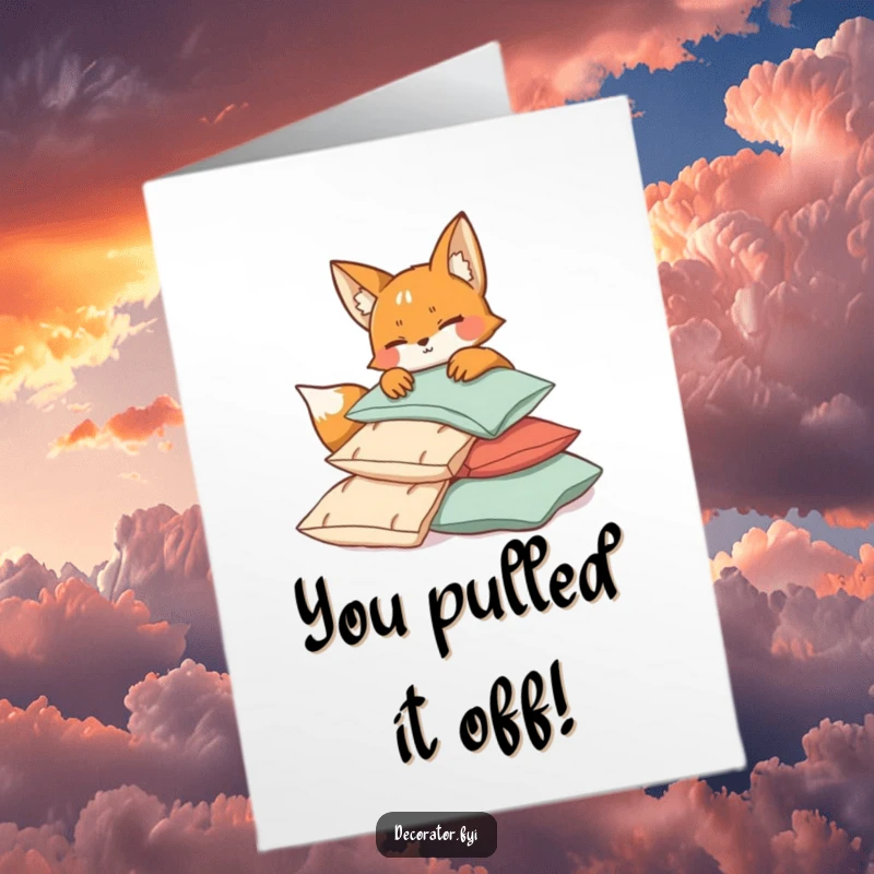 Funny Free Printable Congratulations Card: A sly fox winks mischievously while arranging a cozy, playful pile of cushions.