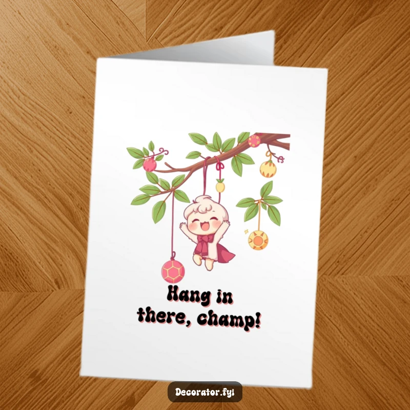 Funny Free Printable Congratulations Card: A delighted character happily hanging whimsical decorations from a branch to celebrate.