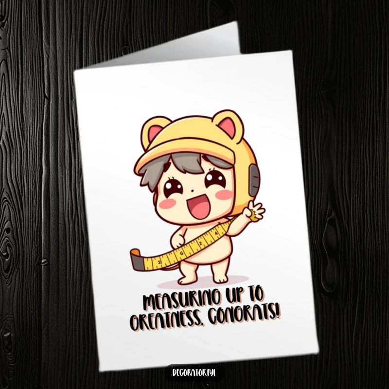 Funny Free Printable Congratulations Card: Character excitedly uses a tape measure, perfect for a DIY congratulations gift.