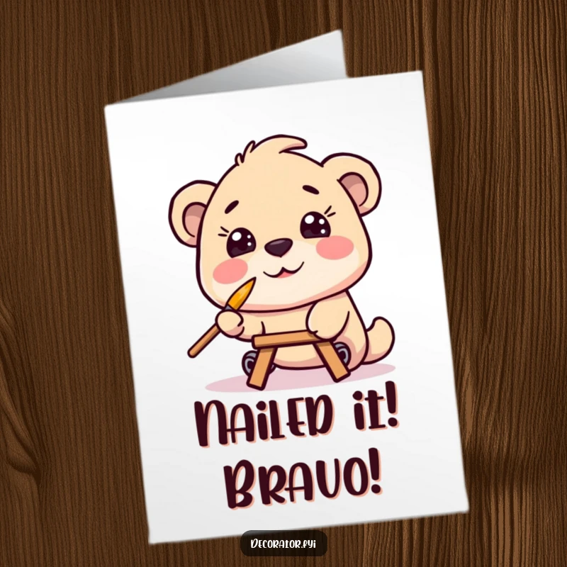 Funny Free Printable Congratulations Card: Smiling character paints with a paintbrush balanced on its nose.