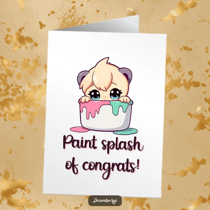 Funny Free Printable Congratulations Card: Curious character with wide eyes gazes into a paint pot, admiring potential.