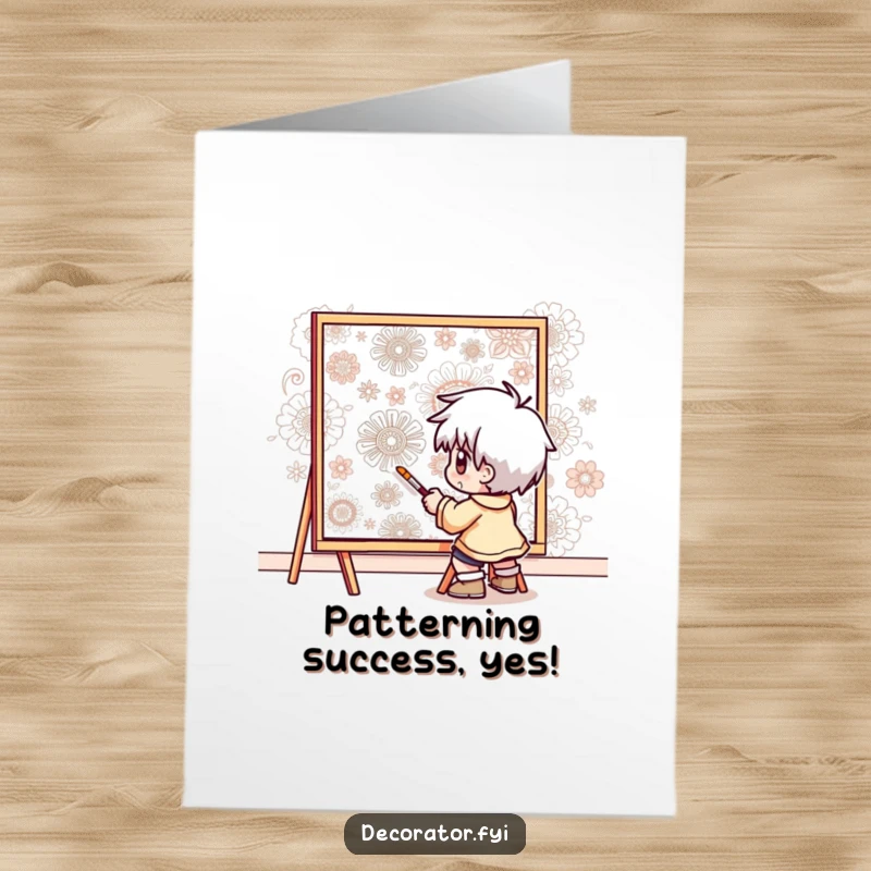 Funny Free Printable Congratulations Card: A determined character meticulously painting intricate patterns onto a wall, celebrating a win.