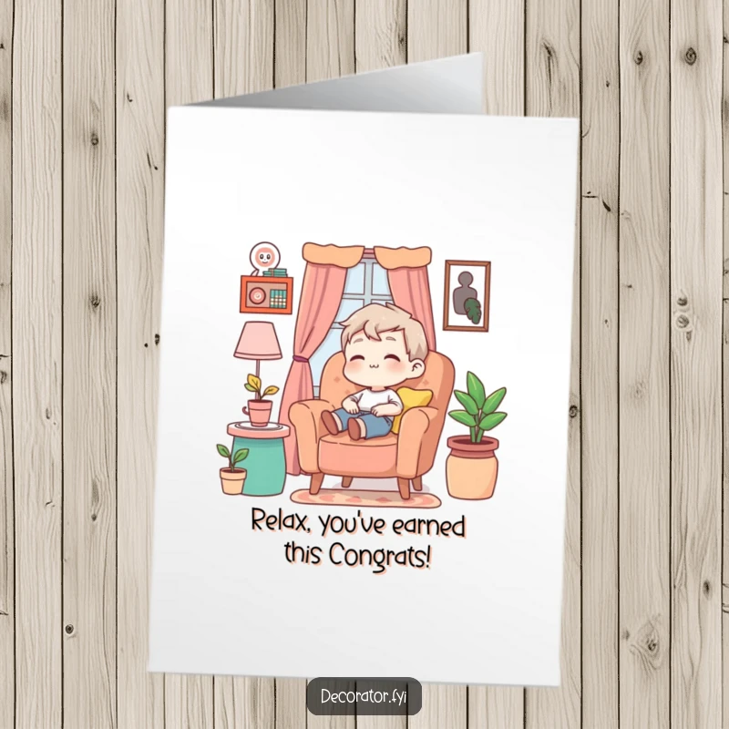 Funny Free Printable Congratulations Card: Content character looking serene while lounging in an armchair amidst a beautifully decorated, colorful room.