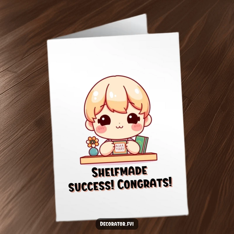 Funny Free Printable Congratulations Card: Cheerful character admiring a perfectly styled shelf, radiating happiness and a sense of accomplishment.