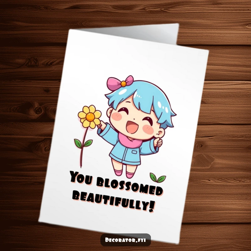 Funny Free Printable Congratulations Card: A cheerful character thoughtfully places a decorative flower on a wall, celebrating a wonderful success.