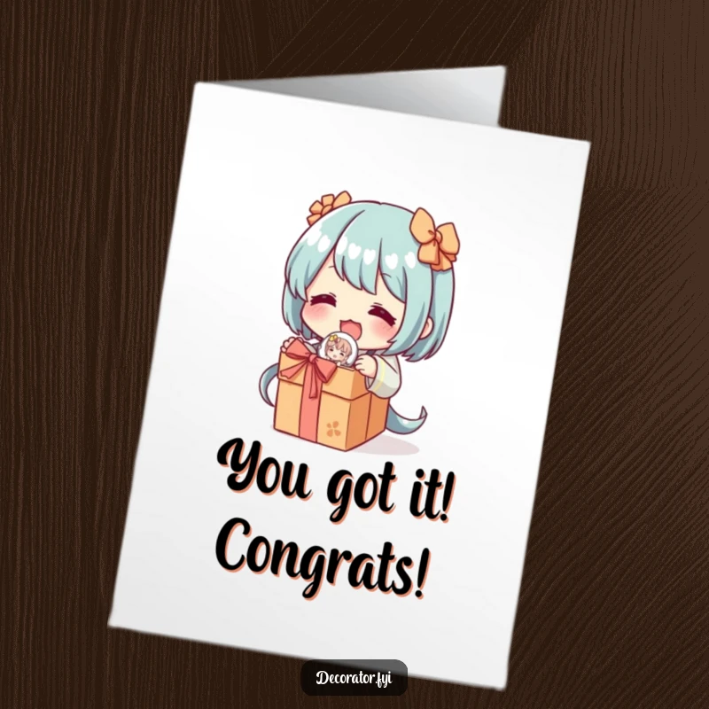 Funny Free Printable Congrats Card: Character excitedly unwraps a delicate figurine, symbolizing a treasured accomplishment.
