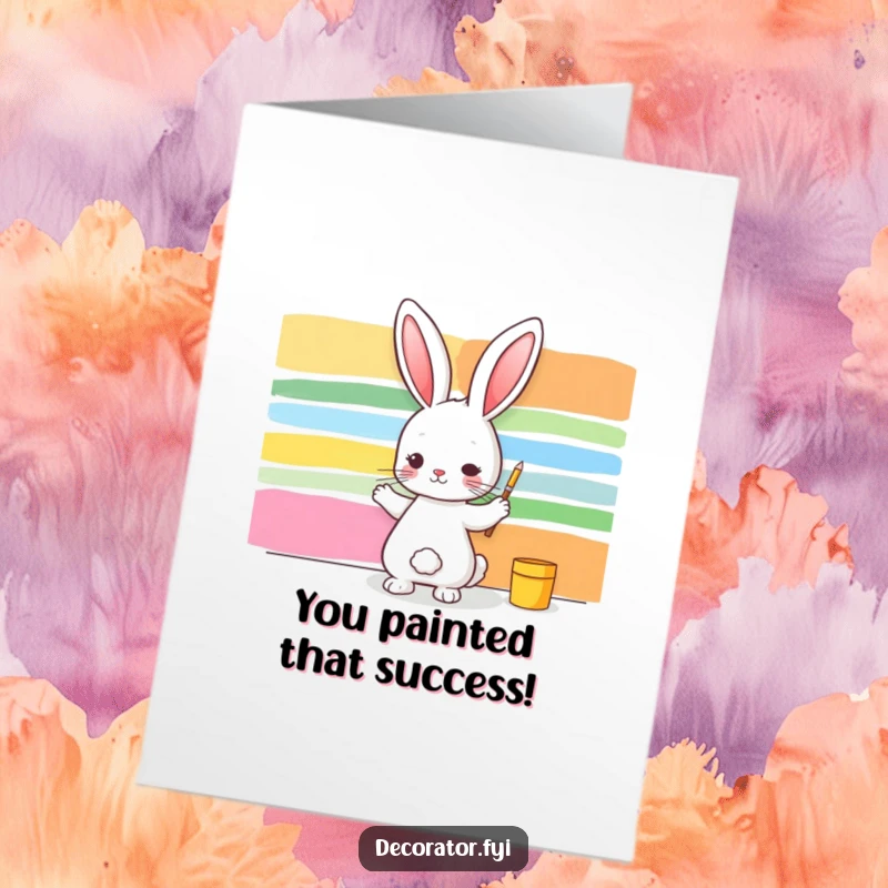 Funny Free Printable Congratulations Card showing a rabbit artist painting colorful stripes, symbolizing success.