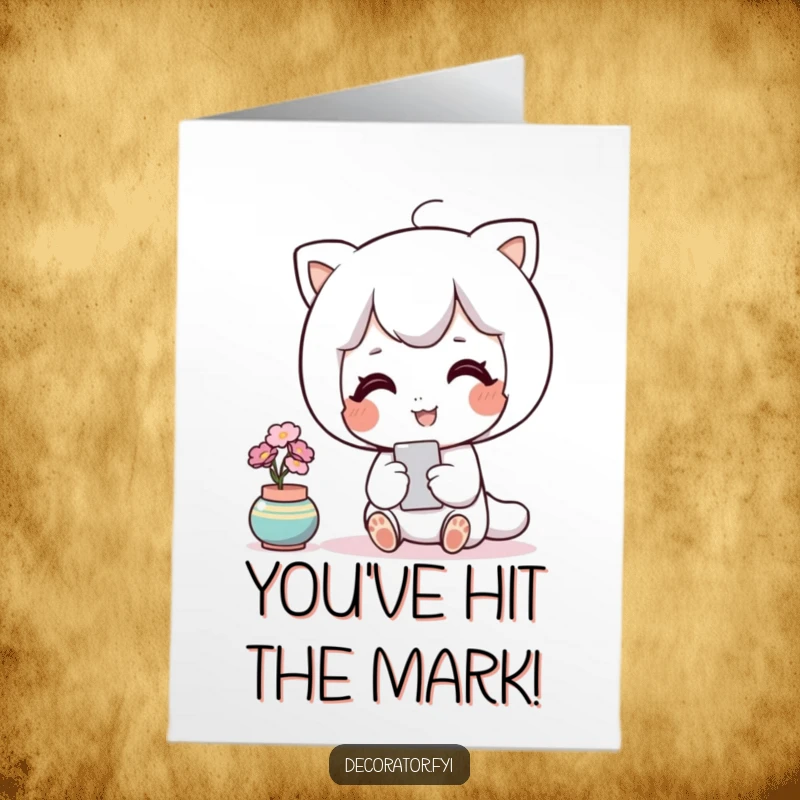 Funny Free Printable Congratulations Card: A contented character admires a perfectly placed accent piece, celebrating.