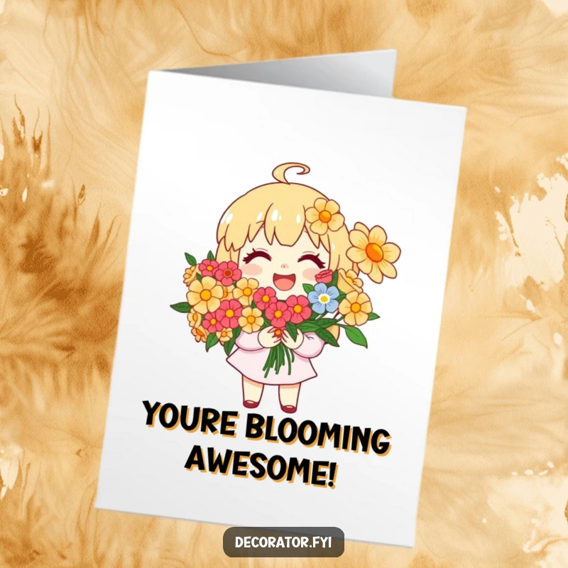 Funny Free Printable Congrats Card: Joyful character presenting a bright flower bouquet, symbolizing the beauty and joy of achievement.