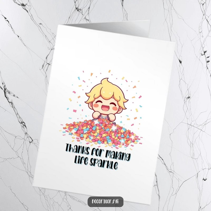 Funny Free Printable Thank You Card: A giggling character joyfully arranging shimmering confetti, sending thanks with a festive flair.