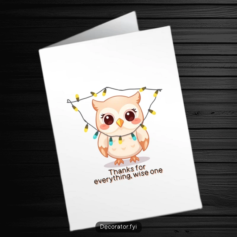 Funny Free Printable Thank You Card: Giggling owl gleefully draping twinkling lights, expressing thanks creatively.