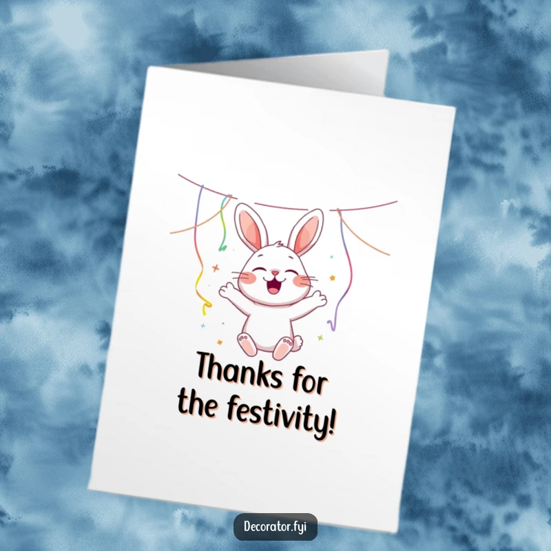 Funny Free Printable Thank You Card: Happy rabbit cheerfully hangs colorful streamers, celebrating the occasion of thanks.