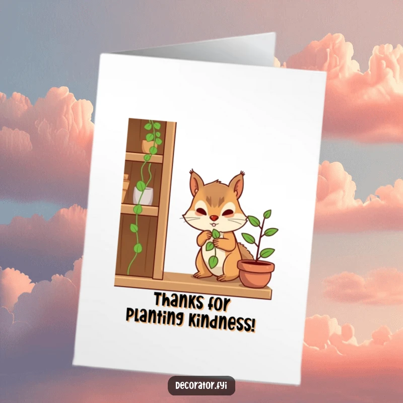 Funny Free Printable Thank You Card: Determined squirrel character carefully placing a tiny plant on a shelf, a symbol of thoughtful gratitude.