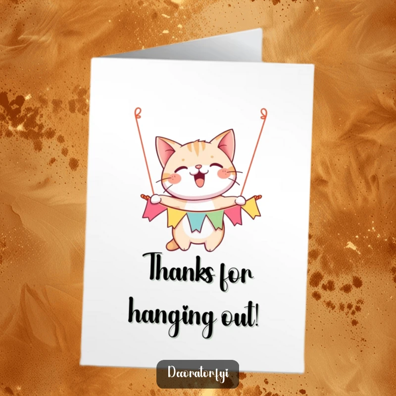 Funny Free Printable Thank You Card: A happy cat gleefully hangs a festive banner, expressing thanks in a fun way.