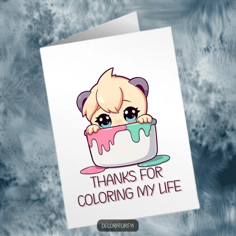 Funny Free Printable Thank You Card: Curious character with big eyes peers into a paint pot, showing appreciation.