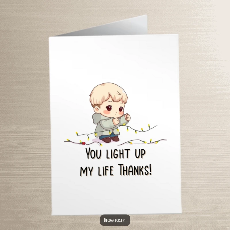 Funny Free Printable Thank You Card: A character concentrating on carefully placing tiny fairy lights on a garland, showing thoughtful effort.