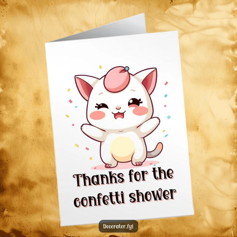 Funny Free Printable Thank You Card: Mischievous character playfully adds whimsical confetti, a fun thank you gesture.