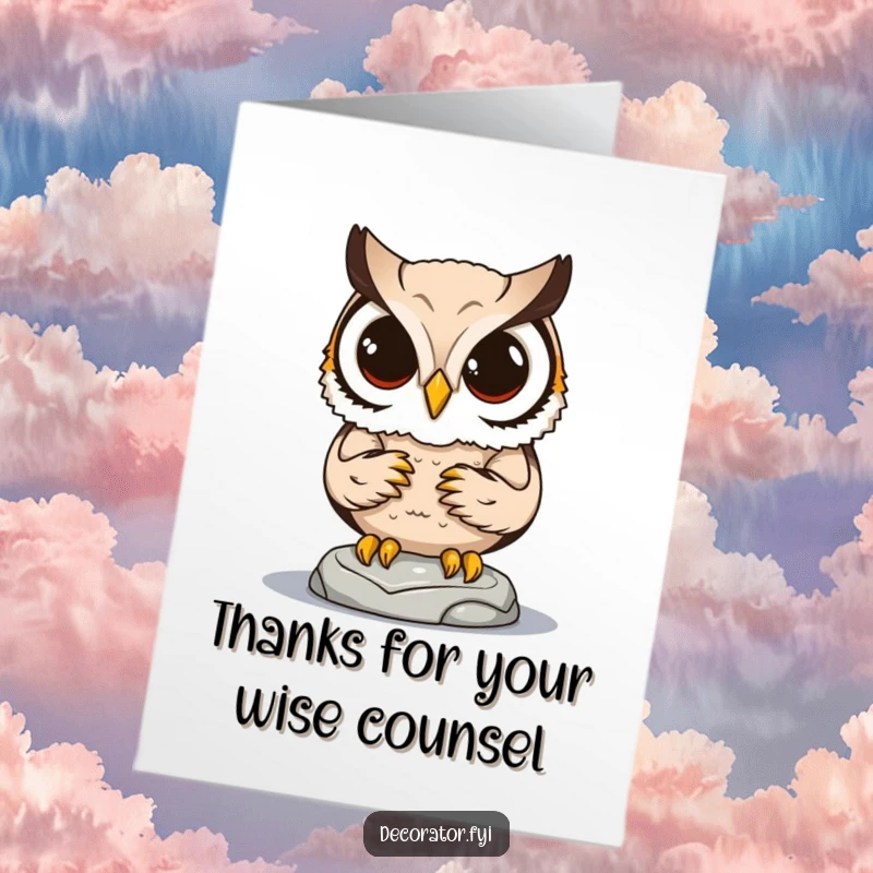 Funny Free Printable Thank You Card: Determined owl places statue, expressing gratitude with a humorous, focused effort.