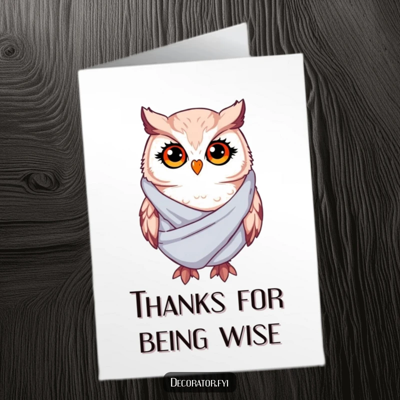 Funny Free Printable Thank You Card: Whimsical owl with twinkling eyes, drapes fabric, sending warm gratitude.