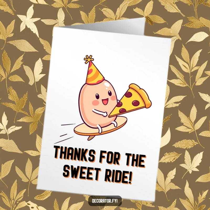 Funny free printable thank you card featuring a jelly bean riding a pizza slice, conveying thanks with a quirky twist.