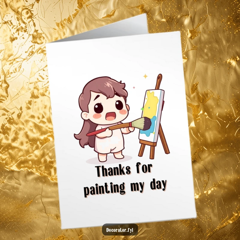 Funny Free Printable Thank You Card: Surprised painter with giant brush creating colorful art, a unique way to say thanks.