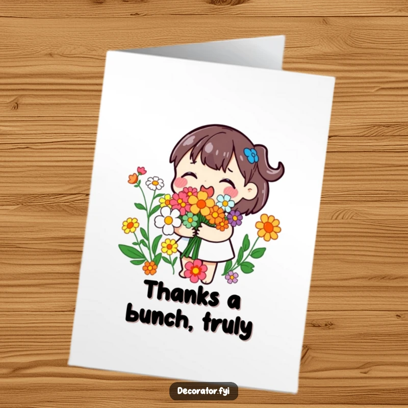 Funny Free Printable Thank You Card: A playful character joyfully arranging colorful flowers into a lovely bouquet.