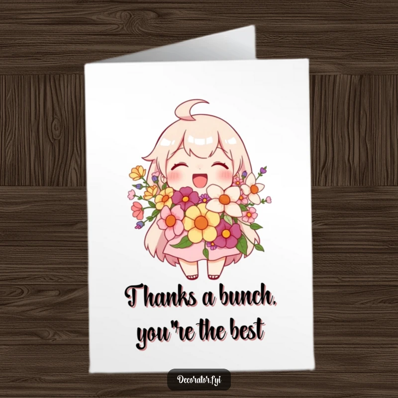 Free Printable Thank You Card: Joyful character proudly displaying a floral arrangement to express thanks.