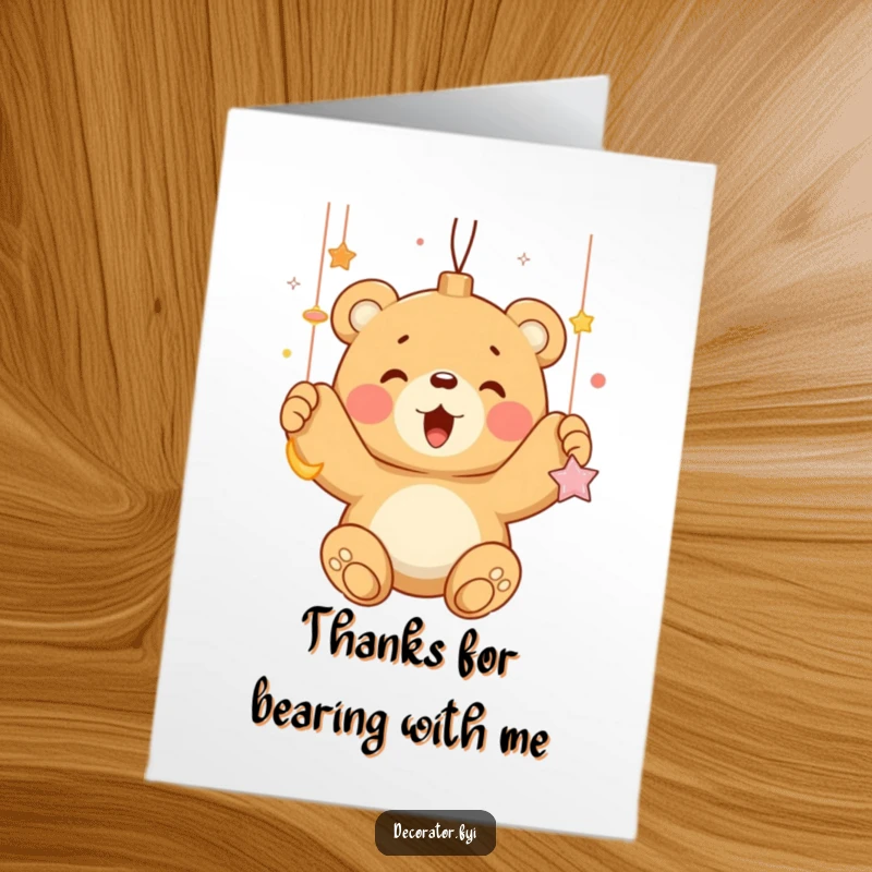 Funny free printable thank you card: An adorable bear cub happily hangs shiny ornaments, conveying thanks with festive cheer and a sweet smile.