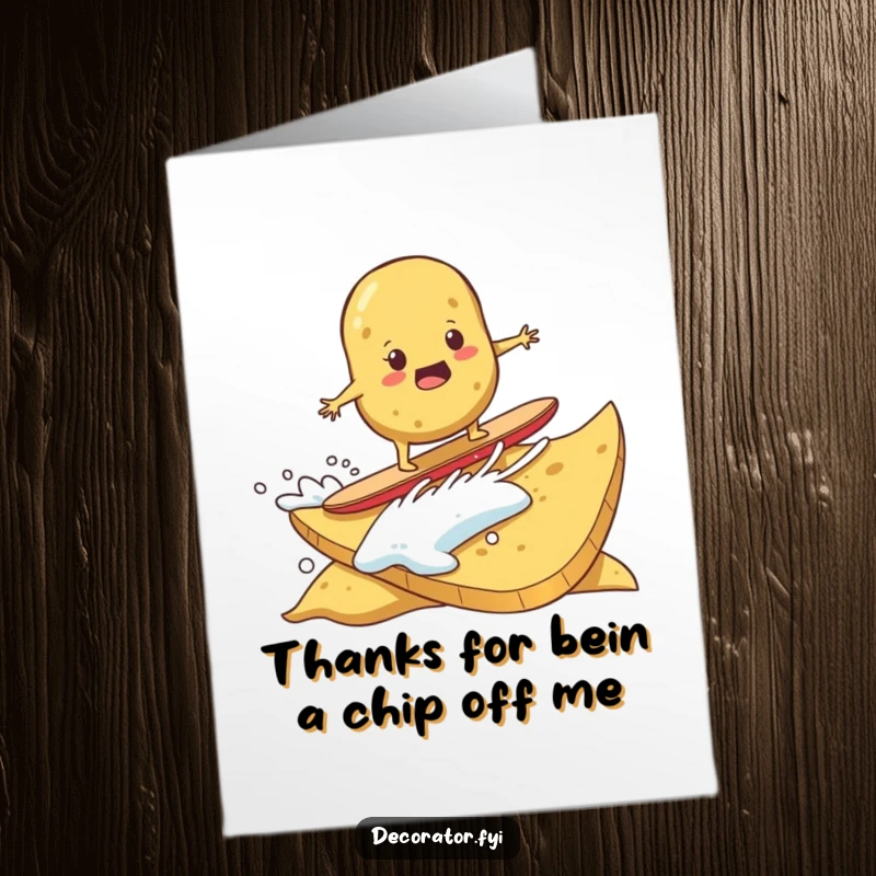 Funny Free Printable Thank You Card: A determined potato surfing on a giant potato chip, expressing thanks for support.