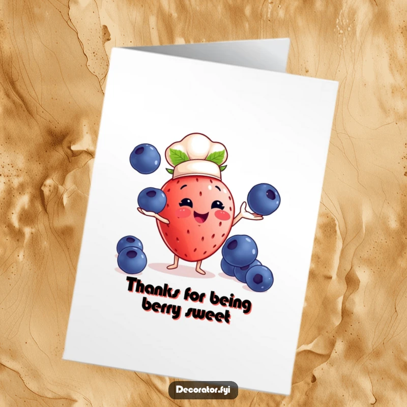 Funny Free Printable Thank You Card: A happy strawberry chef juggles blueberries, sending sweet thanks!