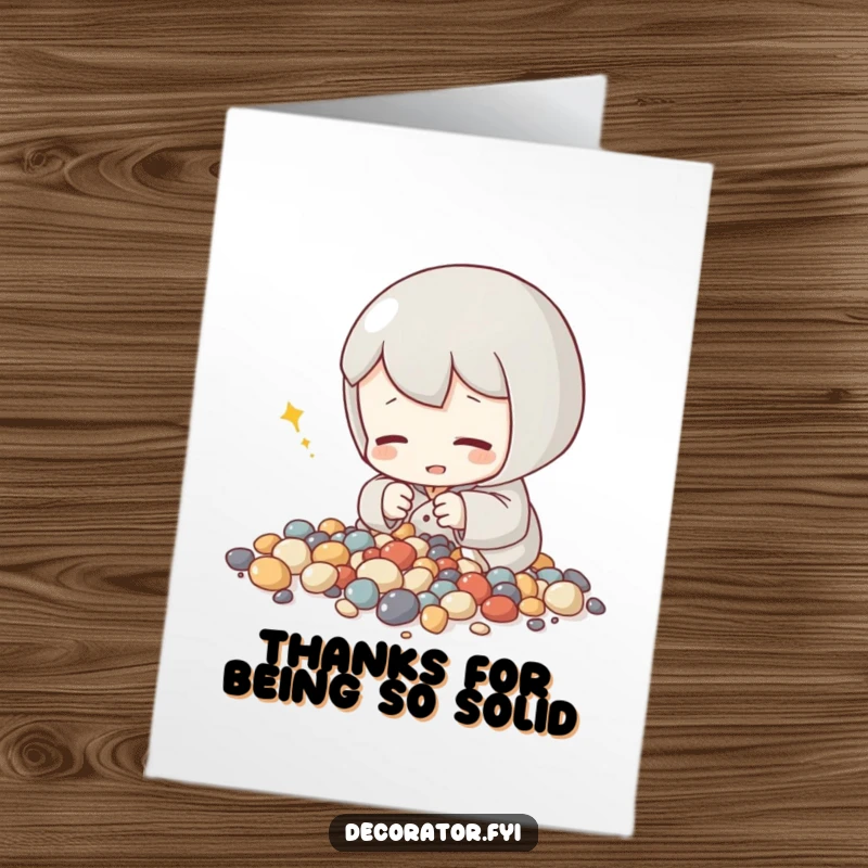 Free Printable Thank You Card: Content character humming while arranging tiny decorative stones to say thanks.