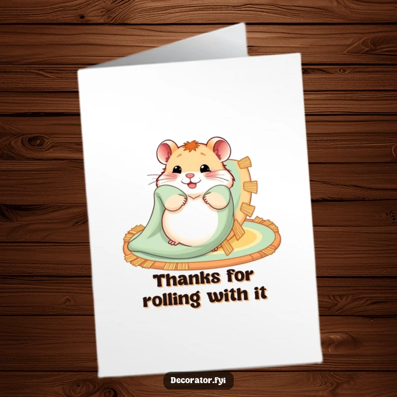 Funny Free Printable Thank You Card: Hamster happily lays out a beautiful rug, offering cozy and sincere thanks.