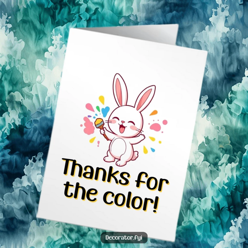 Funny Free Printable Thank You Card: A cute bunny joyfully applies bright paint to a wall, creating a colorful thank you.
