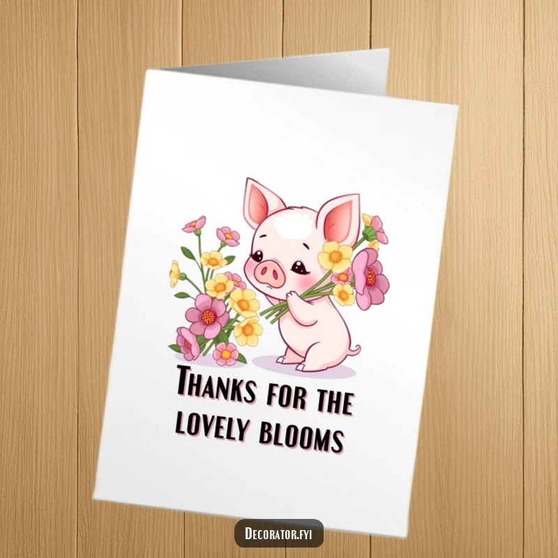 Funny Free Printable Thank You Card where a piglet admires a freshly arranged, vibrant bouquet of flowers.