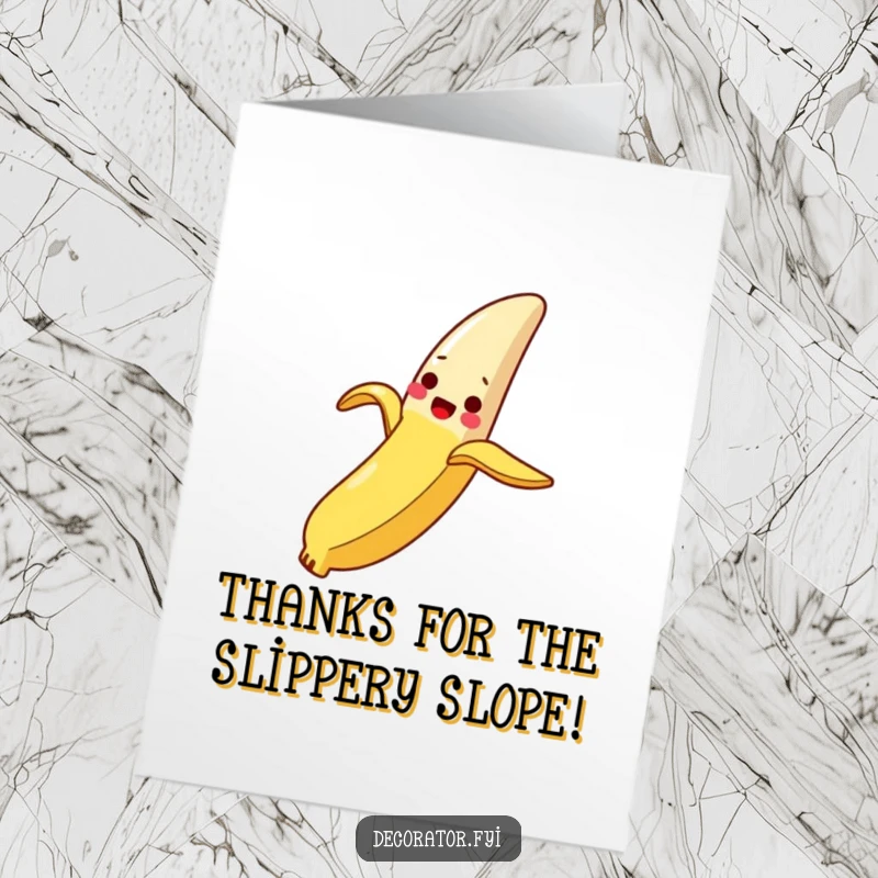 Funny free printable thank you card with a banana peel gracefully sliding down a breadstick, a humorous take on thanks.