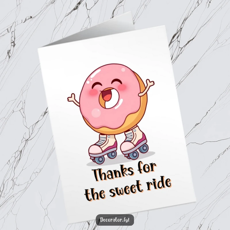 Funny Free Printable Thank You Card: A laughing donut wobbling hilariously as oversized roller skates are put on.