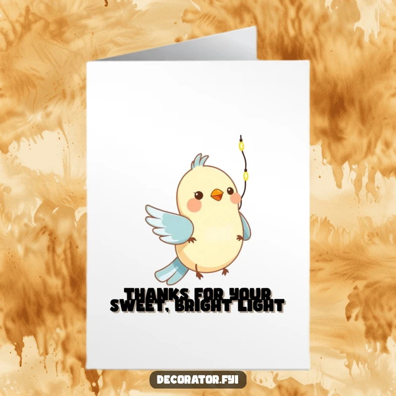 Funny Free Printable Thank You Card with a happy bird decorating with bright, tiny lights.