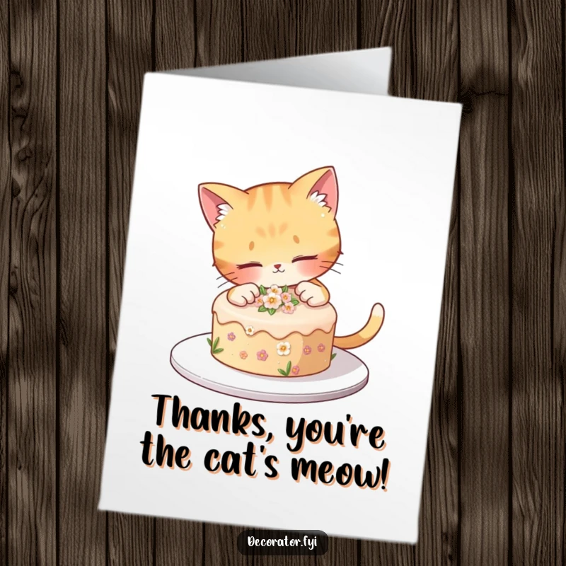 Funny Free Printable Thank You Card: Curious cat decorates a small cake with tiny flowers, a sweet gift.