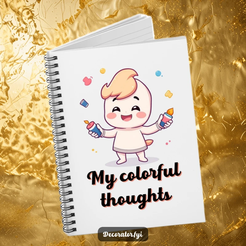 Funny Notebook cover depicting a grinning character playfully juggling tiny paint pots, perfect for sketching and notes.