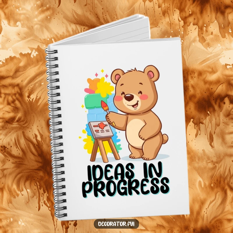 Funny bear notebook with a smiling bear happily painting a vibrant mural on a small wall, ready to record art.