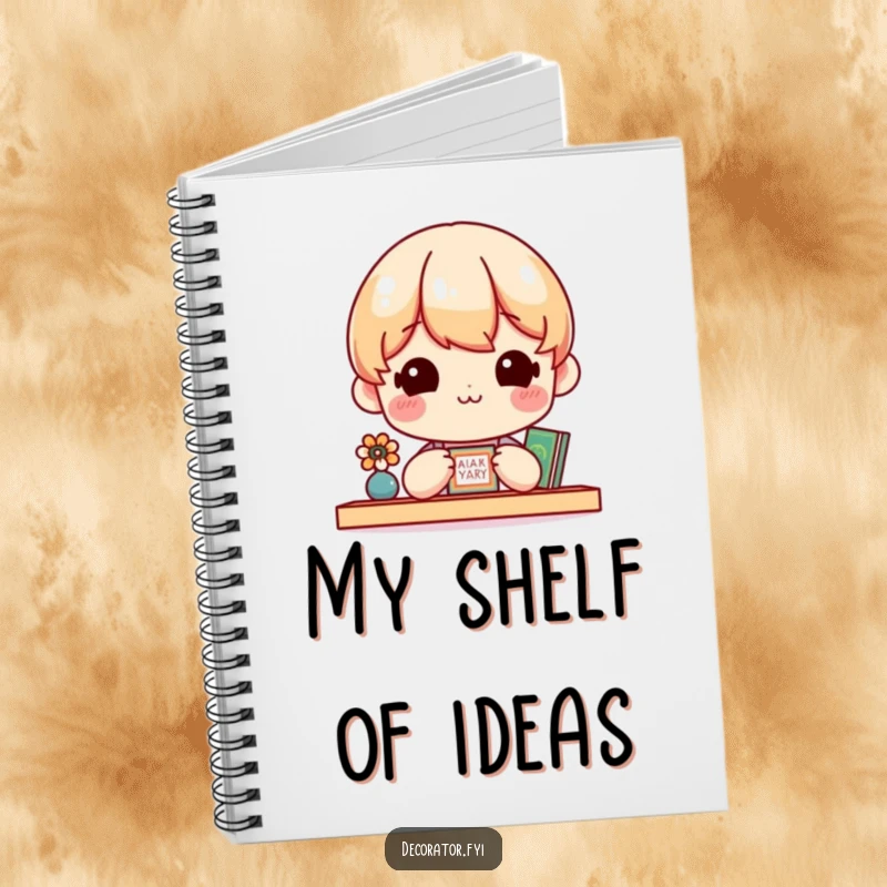 Funny Notebook cover showing a cheerful character happily admiring a small, perfectly adorned shelf, ideal for design notes.