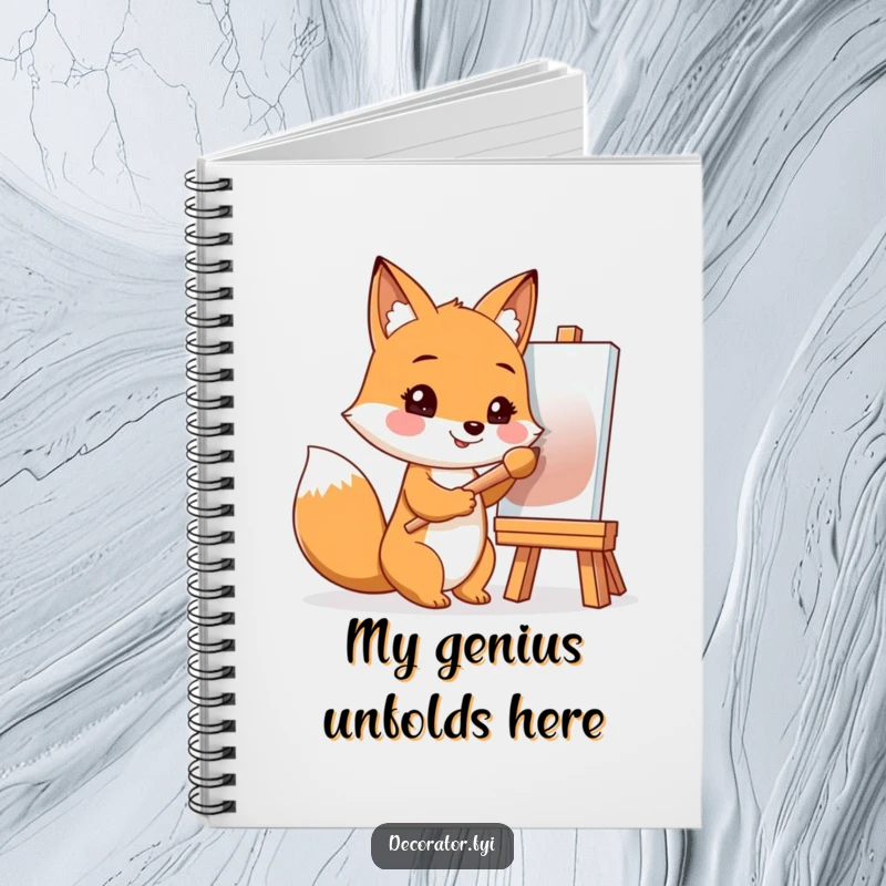 Funny notebook cover with a smiling fox holding a paintbrush, ready to capture creative thoughts and artistic plans.