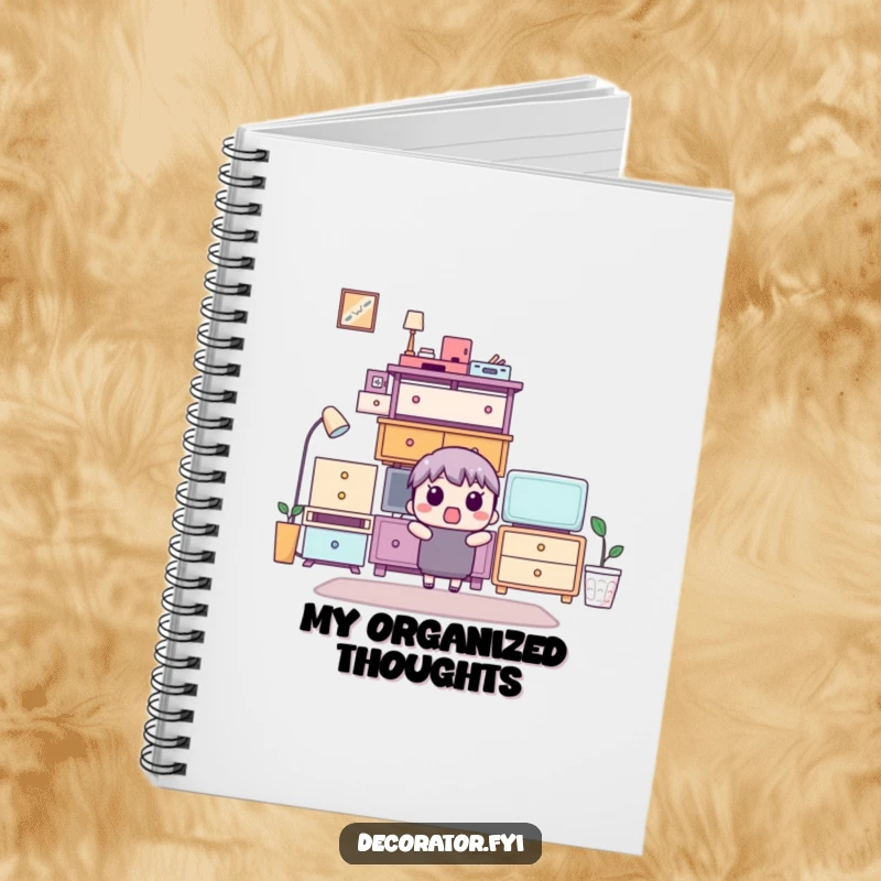Funny notebook with a surprised character looking at a perfectly stacked furniture arrangement, perfect for note-taking.