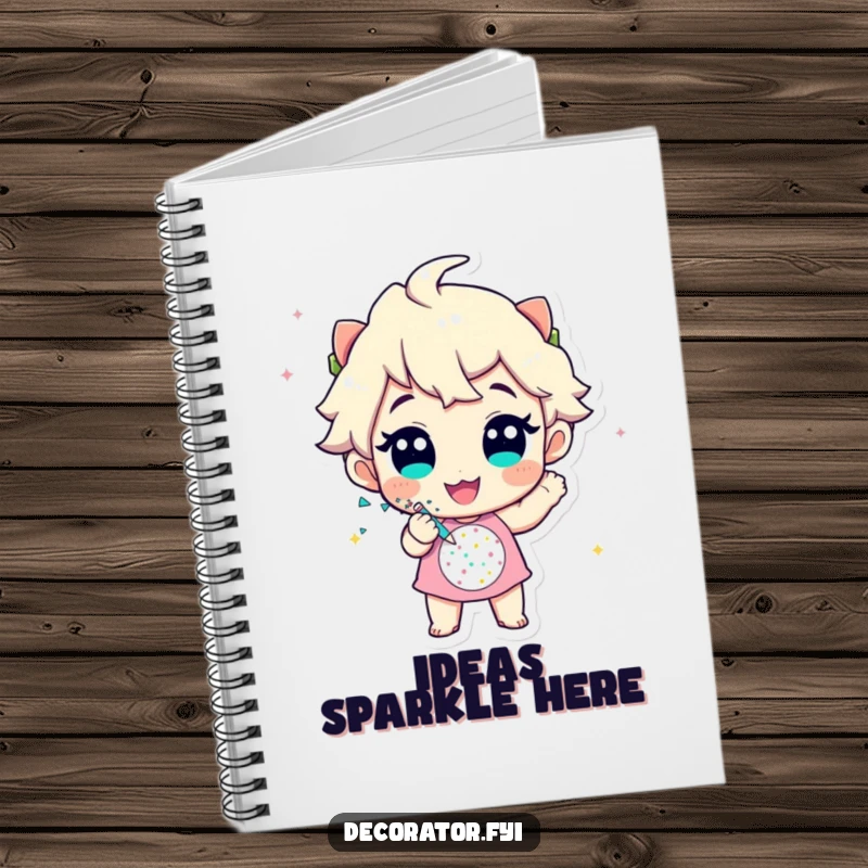 Funny notebook with a cheerful character enthusiastically applying glitter to a festive design, perfect for documenting creative projects.