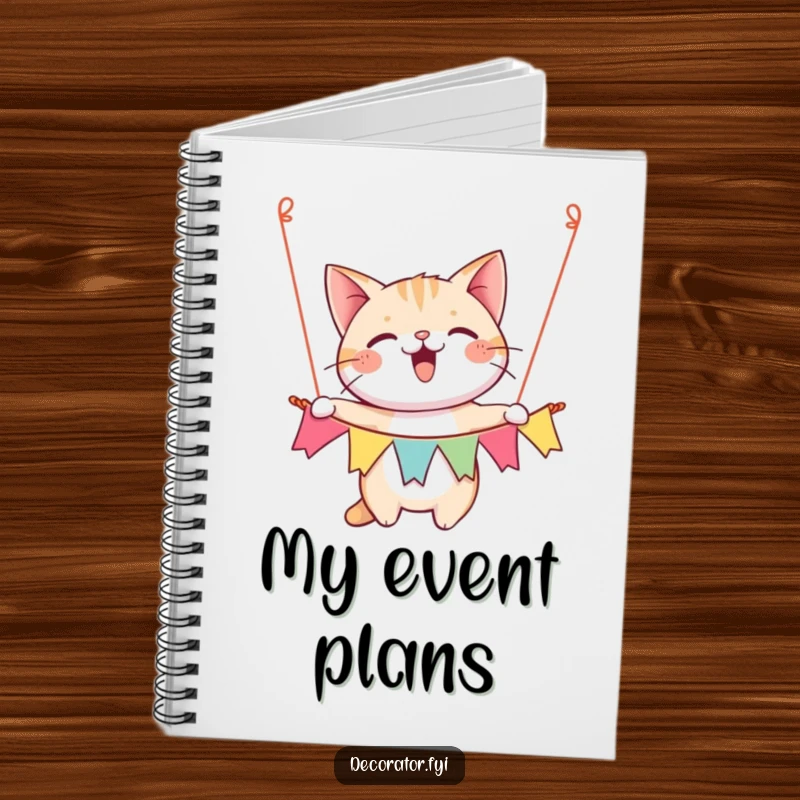 Funny notebook featuring a happy cat character gleefully hanging a festive banner, perfect for planning celebrations.