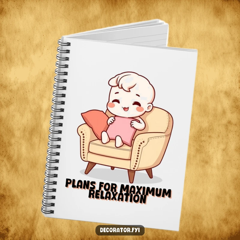 Funny Notebook: A beaming character is engrossed in placing cushions on a stylish armchair, inspiring creative writing and planning with humor.